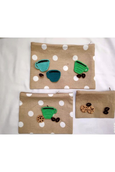 Happy Threads Cotton Storage Pouch with Hand Made Crochet Tea Cups (Beige) Comes in Set of 3